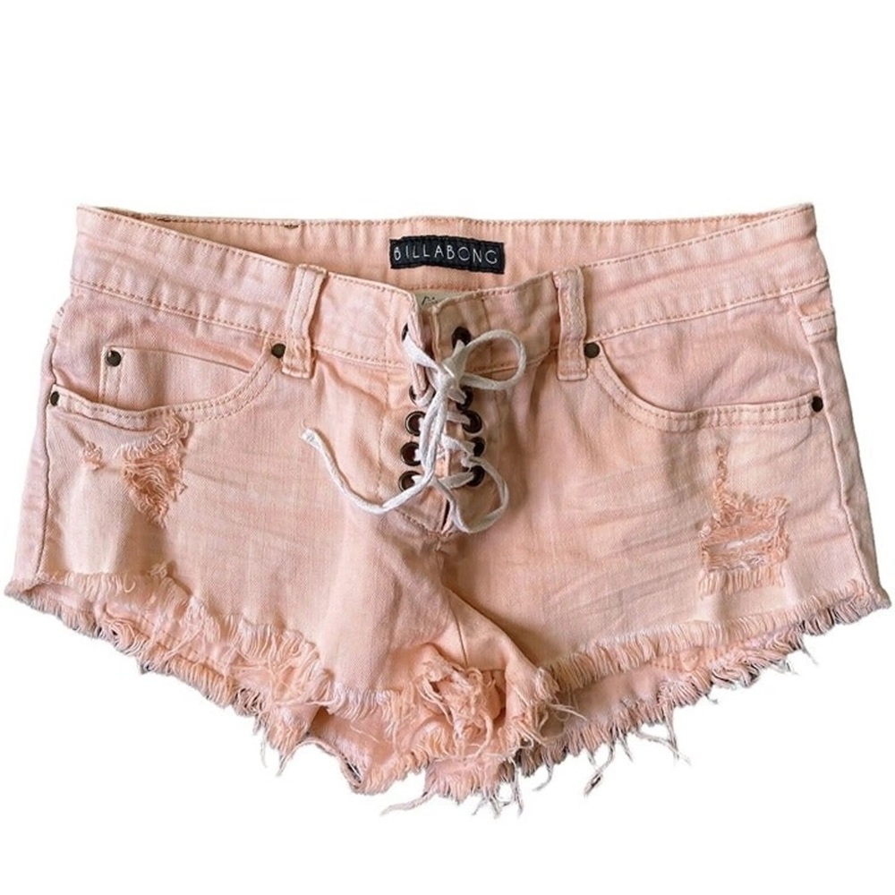 Billabong Pink Distressed Denim Jean Lace Up Shorts